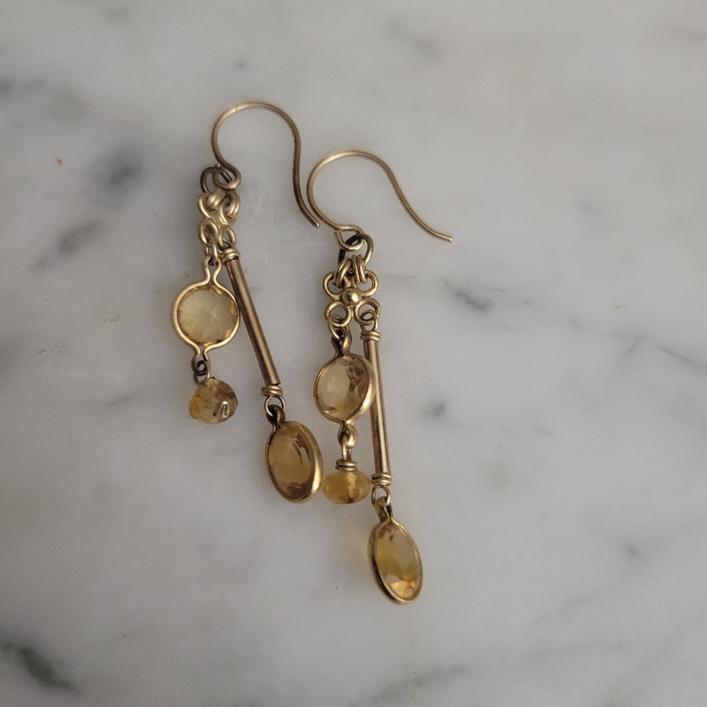 Vintage Gold Tone Drop Earring with Channel Set Topaz Crystals